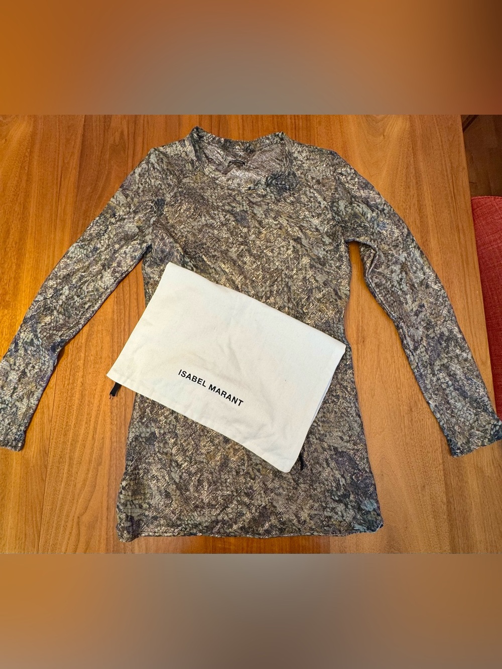 Isabel Marant Brown, Gray, Purple Snake-Print Long Sleeve Metallic Top, Size 36